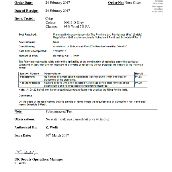 crisp - flammability BS EN 5852 EN 1021 1 2